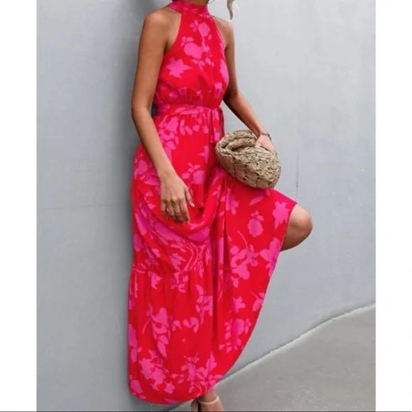 Boho pink  floral print belted halter maxi dress - Picture 4 of 14